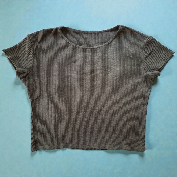 VTG Women's Army Green Ribbed Top Thick Knit Materiel Stretchy Cropped Crew Sz M - Picture 8 of 9